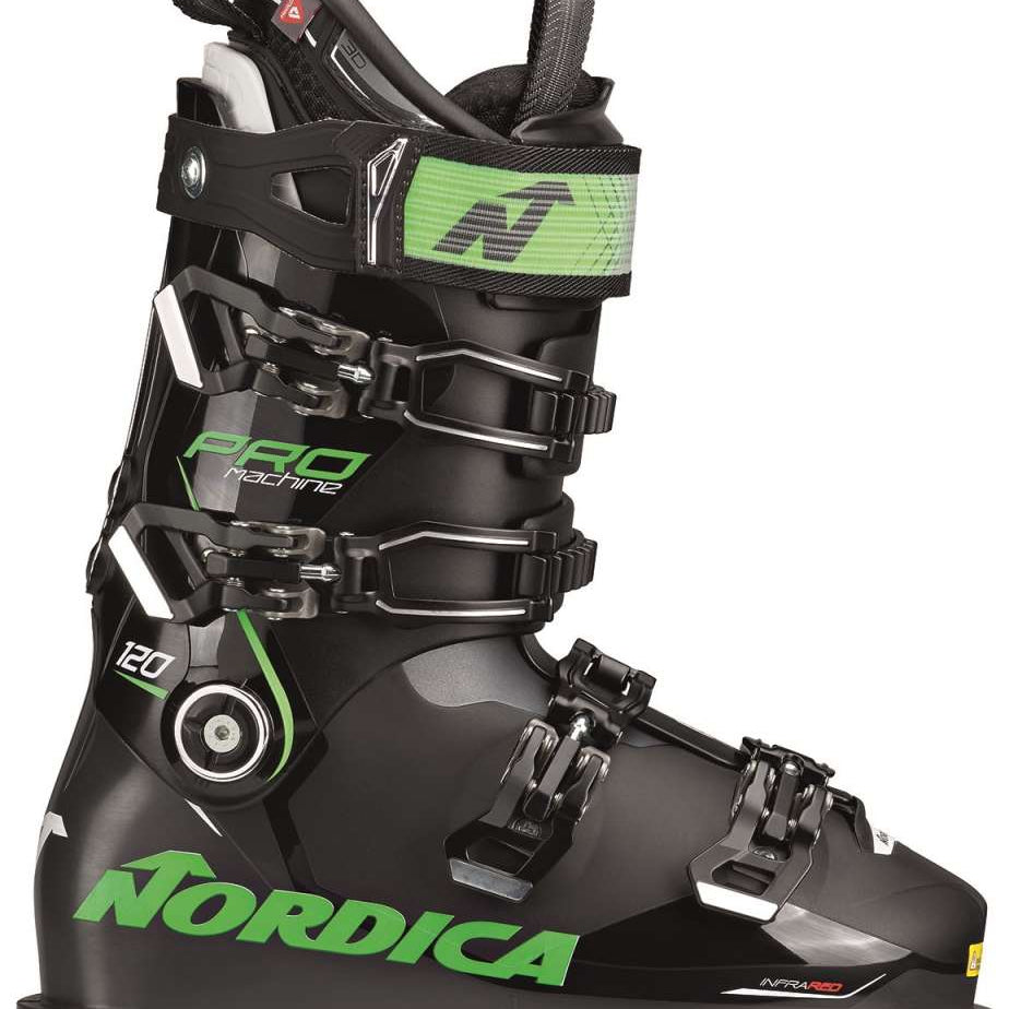Nordica Pro Machine 120 Ski Boot 2023 - Black ski boot with lime green accents and white lettering.