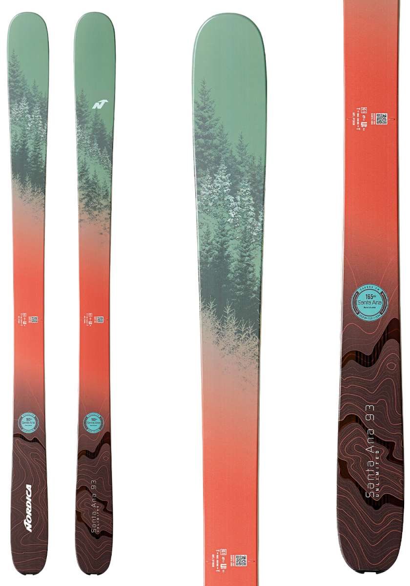 Nordica Santa Ana 93 Unlimited Skis 2024 - A pair of skis with a green top and brown bottom, featuring trees on the top portion.