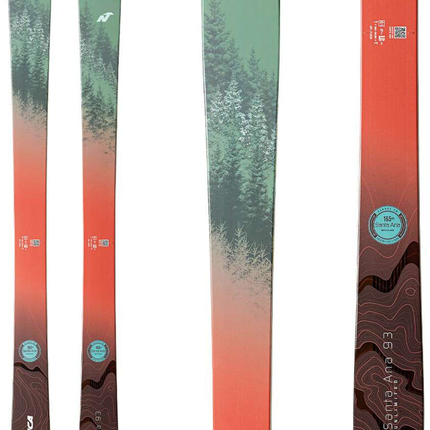 Nordica Santa Ana 93 Unlimited Skis 2024 - A pair of skis with a green top and brown bottom, featuring trees on the top portion.