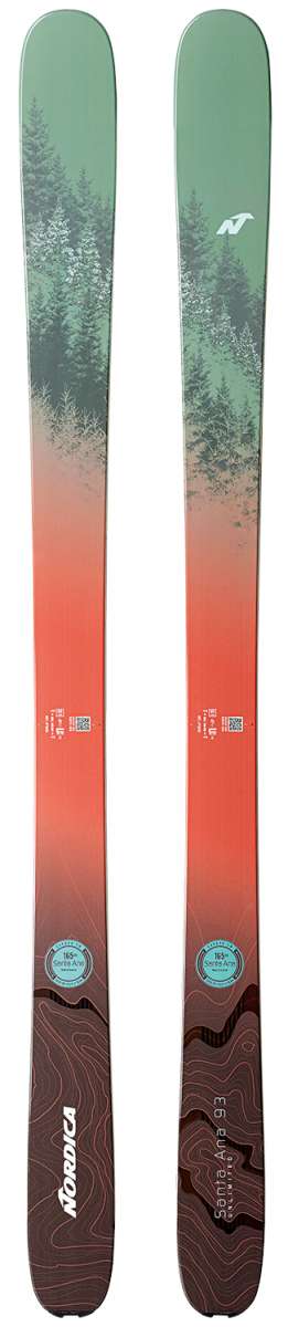 Nordica Santa Ana 93 Unlimited Skis 2024 - A pair of skis with a green top and brown bottom, featuring a forest pattern on the top half.