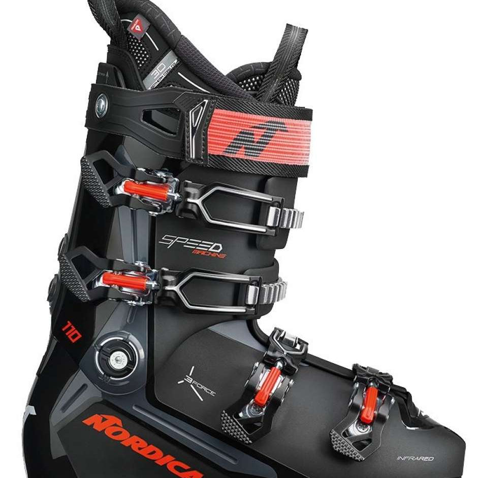 Nordica Speedmachine 110 Ski Boot 2023 - Black ski boot with silver buckles and red accents.