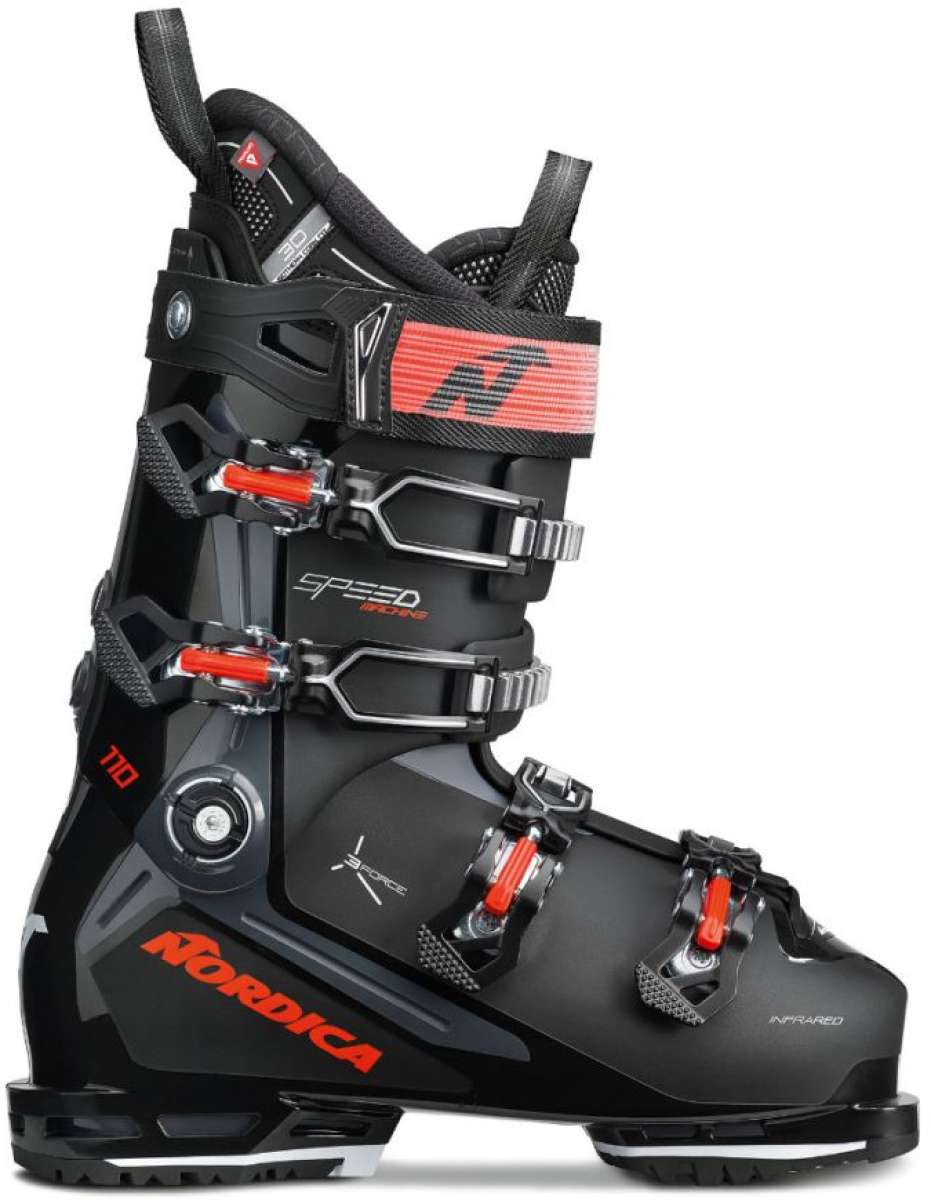 Nordica Speedmachine 3 110 Ski Boots 2024 - Black ski boots with silver buckles and red accents.