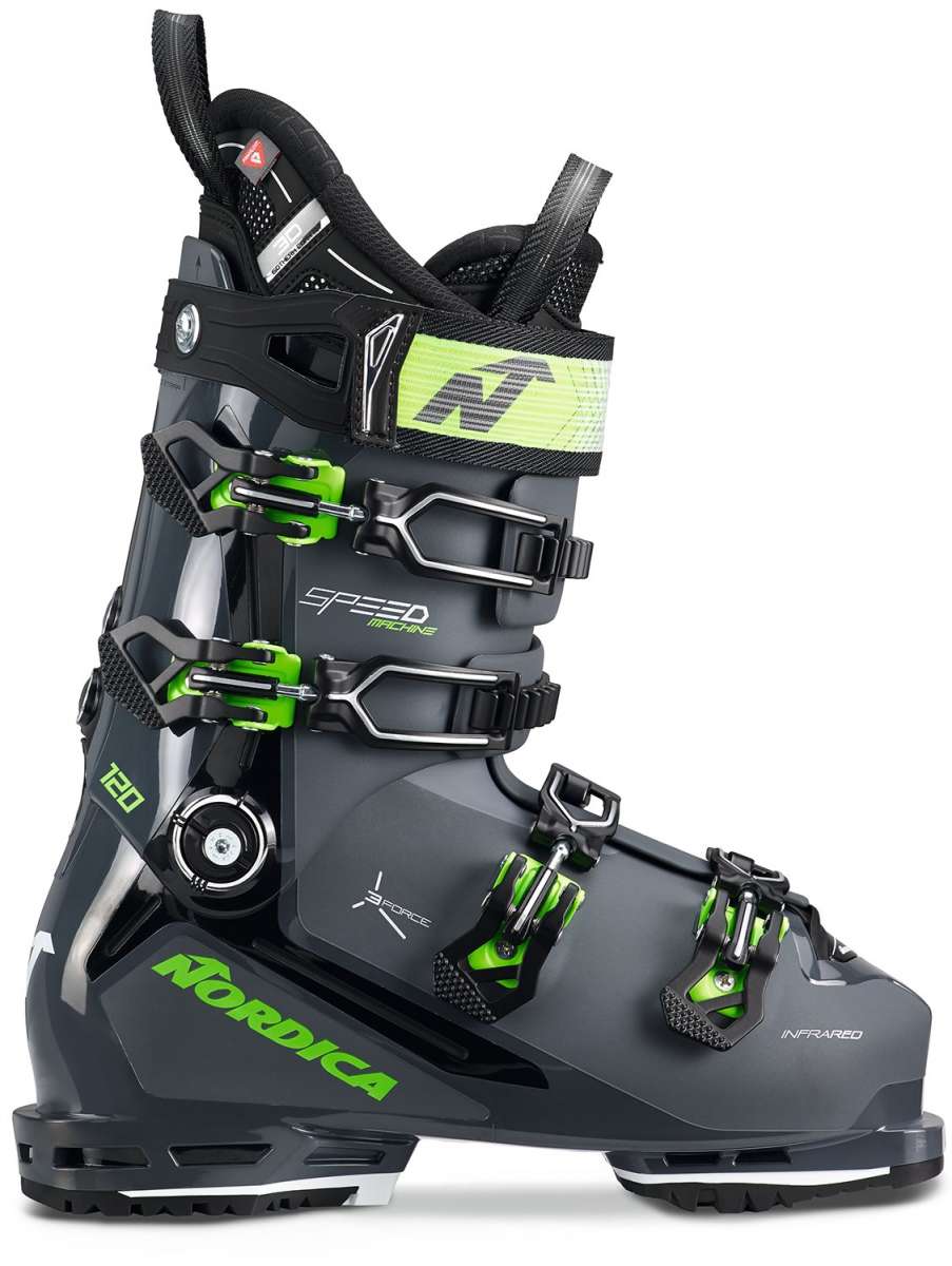 Nordica Speedmachine 3 120 Ski Boots 2024 - Black ski boots with lime green accents and silver buckles.