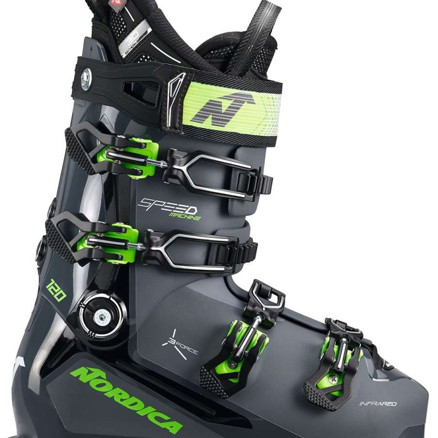 Nordica Speedmachine 3 120 Ski Boots 2024 - Black ski boots with lime green accents and silver buckles.