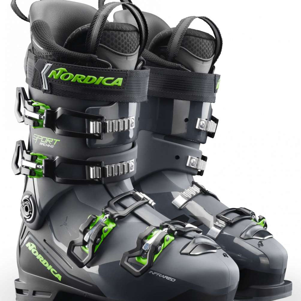 Nordica Sportmachine 3 110 Ski Boot 2023 - Black ski boots with green accents and buckles.