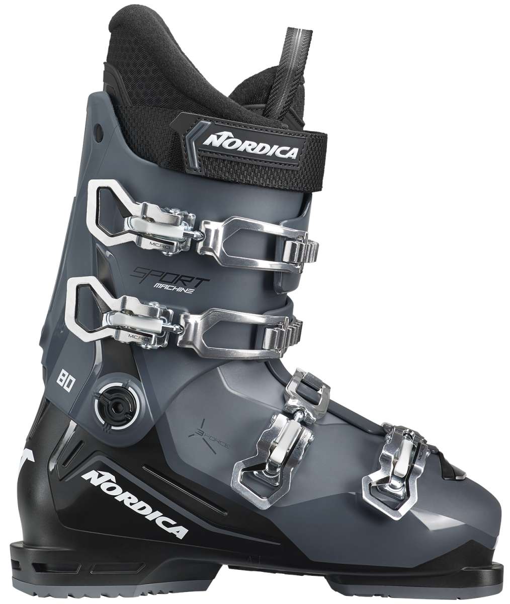 Nordica Sportmachine 3 80 Ski Boot 2023 - A gray ski boot with silver buckles and straps, featuring a black strap on top.