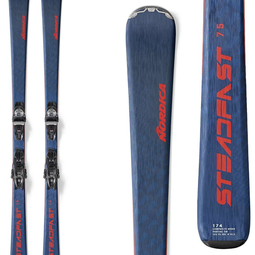 Nordica Steadfast 75 CA Skis with TP2 10 FDT Bindings - Blue skis with black bindings and silver hardware.