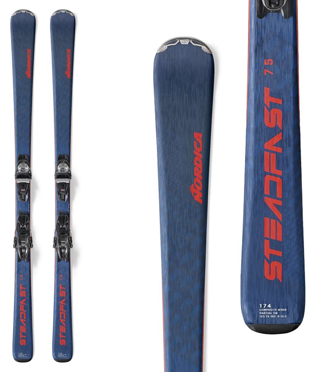 Nordica Steadfast 75 CA Skis with TP2 10 FDT Bindings - Blue skis with black bindings and silver hardware.