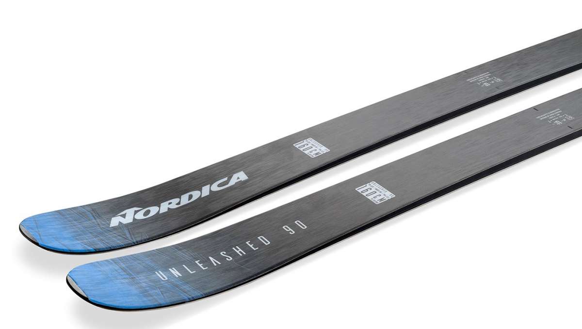 Nordica Unleashed 90 Ice Skis 2024 - A pair of black skis with white lettering and a blue tip.