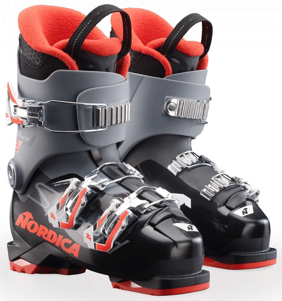 Nordica Youth Speedmachine J 3 Boot 2024 - Black ski boots with red accents and silver buckles.
