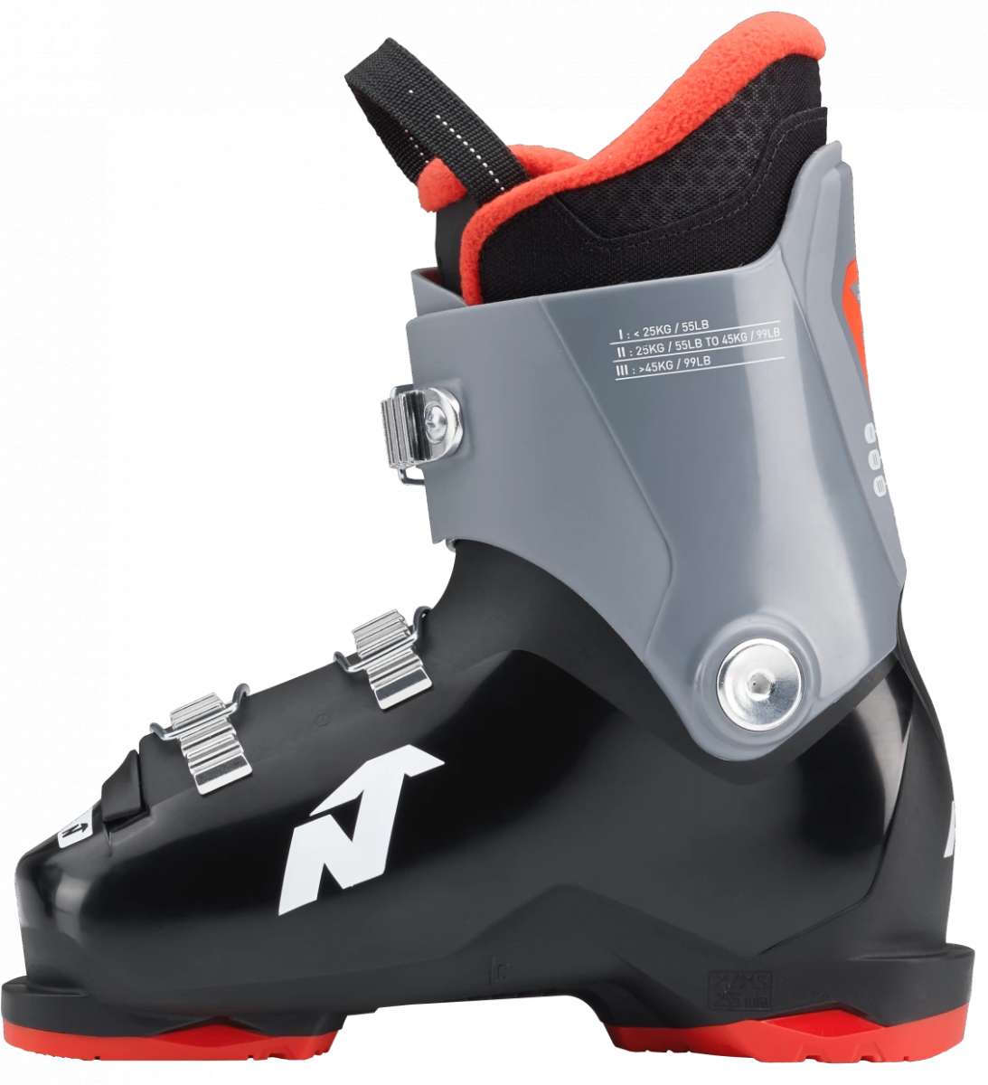 Nordica Youth Speedmachine J 3 Boot 2024 - Black boot with silver buckles and straps, featuring a red logo on the side.
