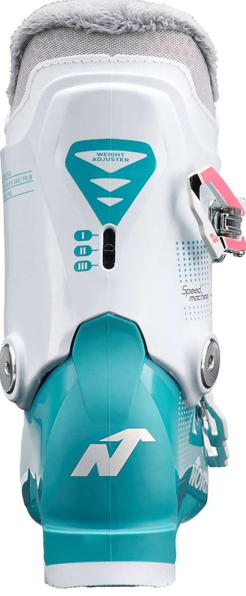 Nordica Youth Speedmachine J 3 Boot 2024 - White boot with silver hardware and a pink strap on the side.