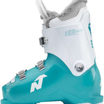 Nordica Youth Speedmachine J 3 Boot 2024 - A white and teal ski boot with a fuzzy gray strap on top.