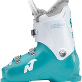 Nordica Youth Speedmachine J 3 Boot 2024 - A white and teal ski boot with a fuzzy gray strap on top.