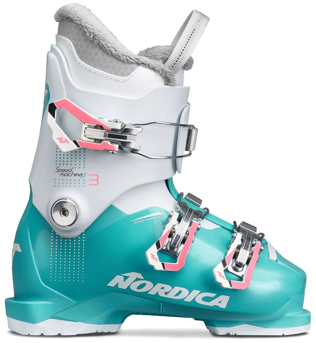 Nordica Youth Speedmachine J 3 Boot 2024 - A white and teal ski boot with silver buckles, featuring a pink accent on the buckle.