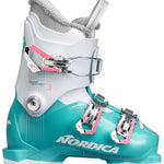 Nordica Youth Speedmachine J 3 Boot 2024 - A white and teal ski boot with silver buckles, featuring a pink accent on the buckle.