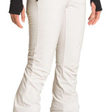 North Face Amy Softshell Pant Short 2022-2023 - A pair of white snow pants with a black zipper on the left side, featuring a zippered pocket and a small black logo near the right hip.