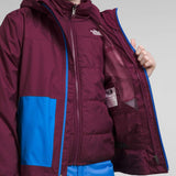 North Face Boys Freedom Triclimate Jacket - A maroon jacket with a blue zipper and white logo on the left chest.