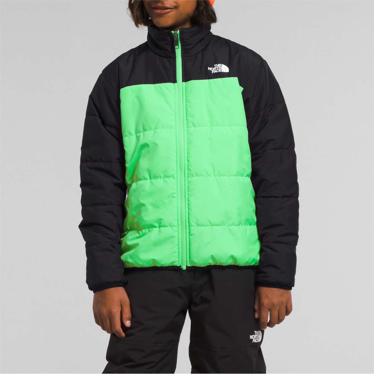 North Face Boys Freedom Triclimate Jacket 2024 - A black and green jacket with a white logo on the upper right side.