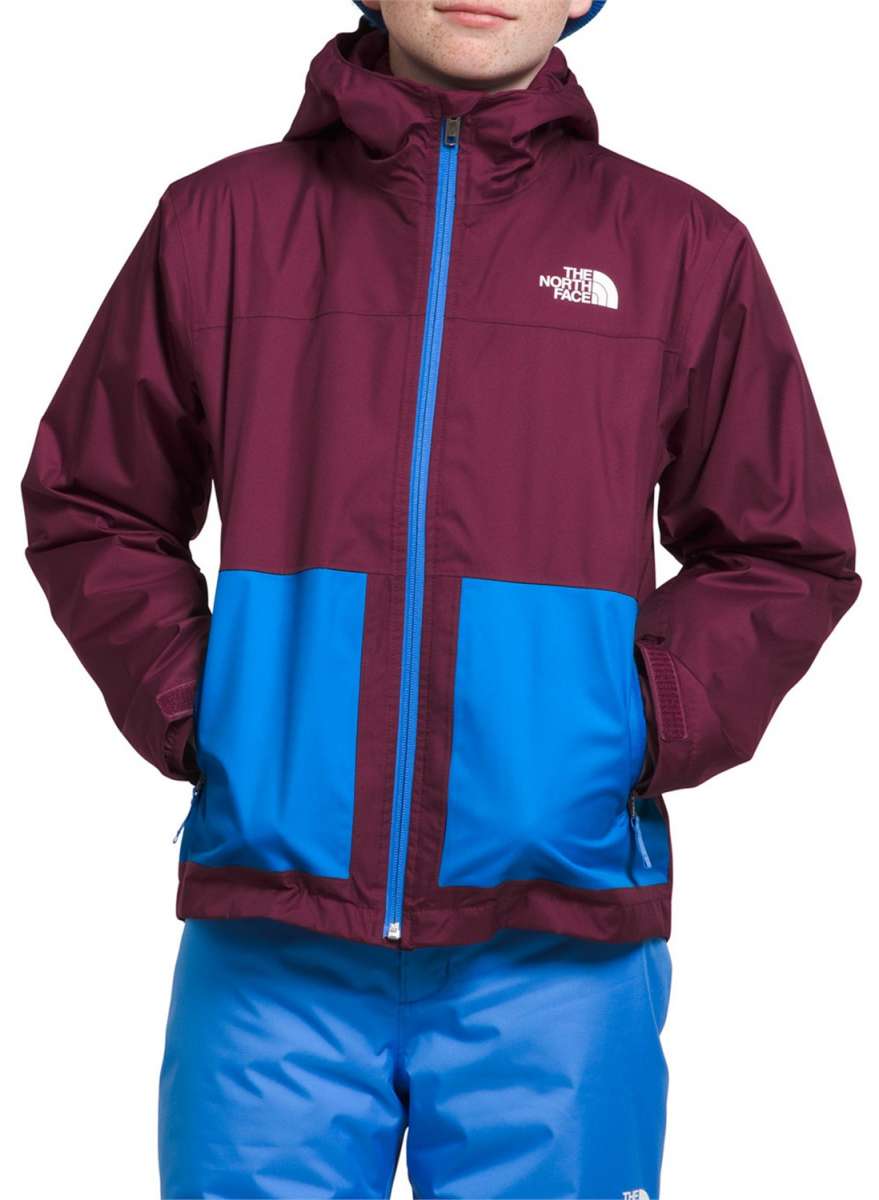 North Face Boys Freedom Triclimate Jacket - A maroon jacket with a white logo on the upper left chest and two zippered pockets on either side of the waist.