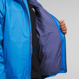 North Face Boys Freedom Triclimate Jacket - A blue jacket with a white logo on the chest, worn by an individual holding it open to show its inner layers.
