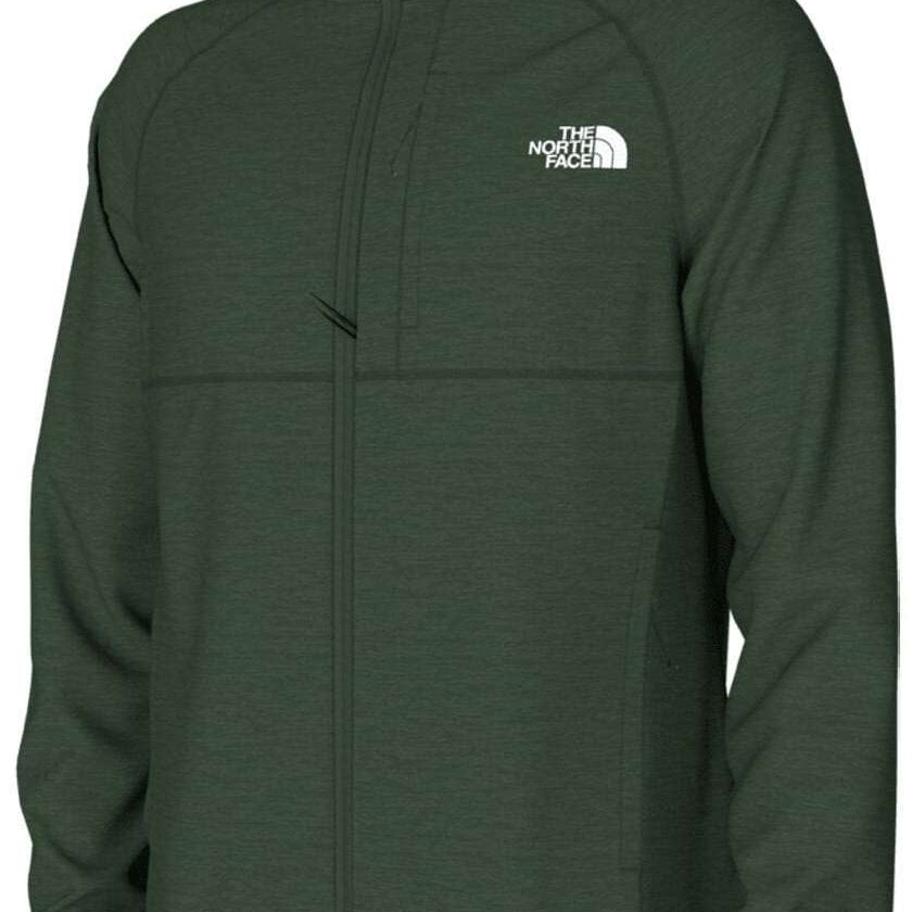North Face Canyonlands Full Zip Sweater 2024 - A dark green sweater with a zippered front and two chest pockets, featuring The North Face logo on the left side of the chest in white.