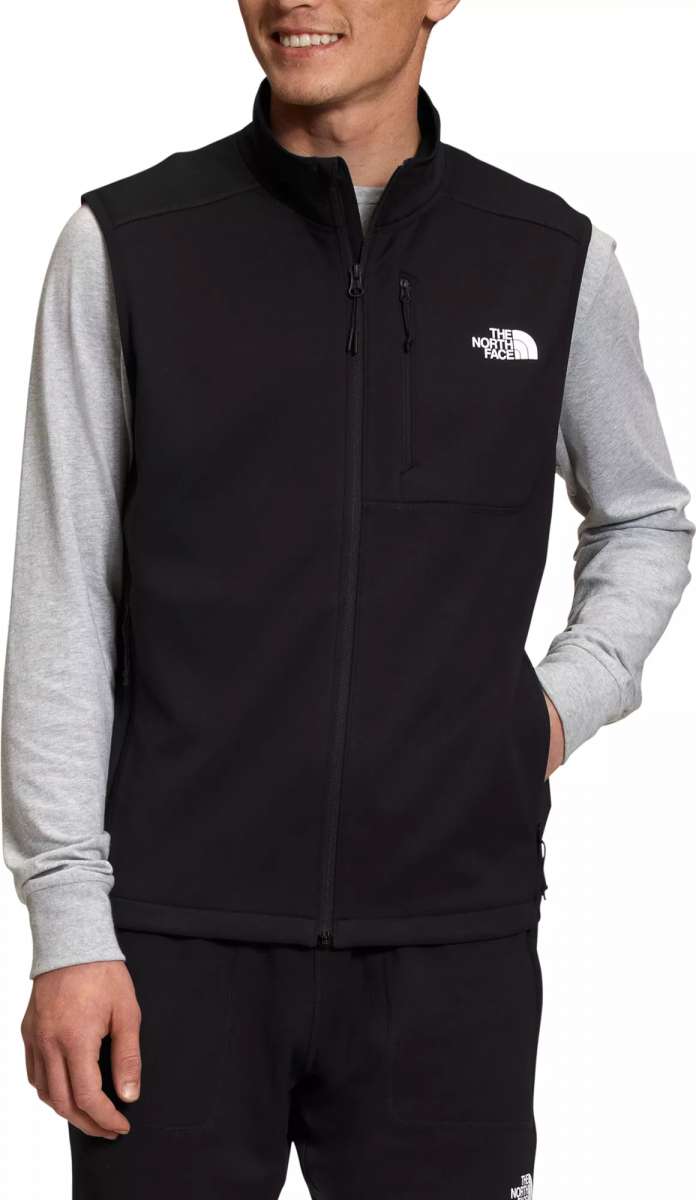 North Face Canyonlands Full Zip Vest 2024 - A black fleece vest with a white logo on the left chest and two zippered pockets on either side.
