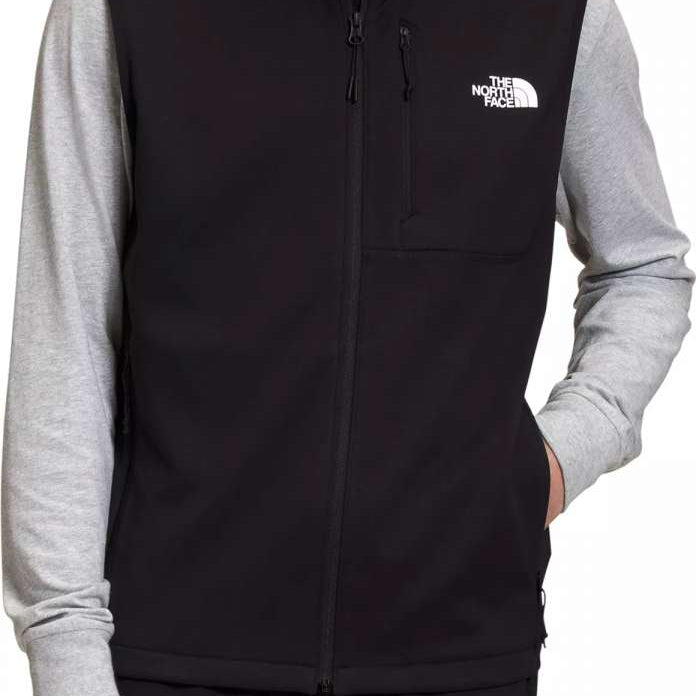 North Face Canyonlands Full Zip Vest 2024 - A black fleece vest with a white logo on the left chest and two zippered pockets on either side.