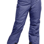 North Face Girls Freedom Insulated Pant 2024 - A pair of purple snow pants with a white logo on the left thigh and a black zipper pocket on the right leg.