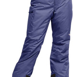 North Face Girls Freedom Insulated Pant 2024 - A pair of purple snow pants with a white logo on the left thigh and a black zipper pocket on the right leg.