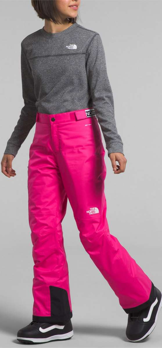 North Face Girls Freedom Insulated Pant - A pair of bright pink snow pants with a white logo on the left thigh and a black waistband.