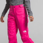 North Face Girls Freedom Insulated Pant - A pair of bright pink snow pants with a white logo on the left thigh and a black waistband.