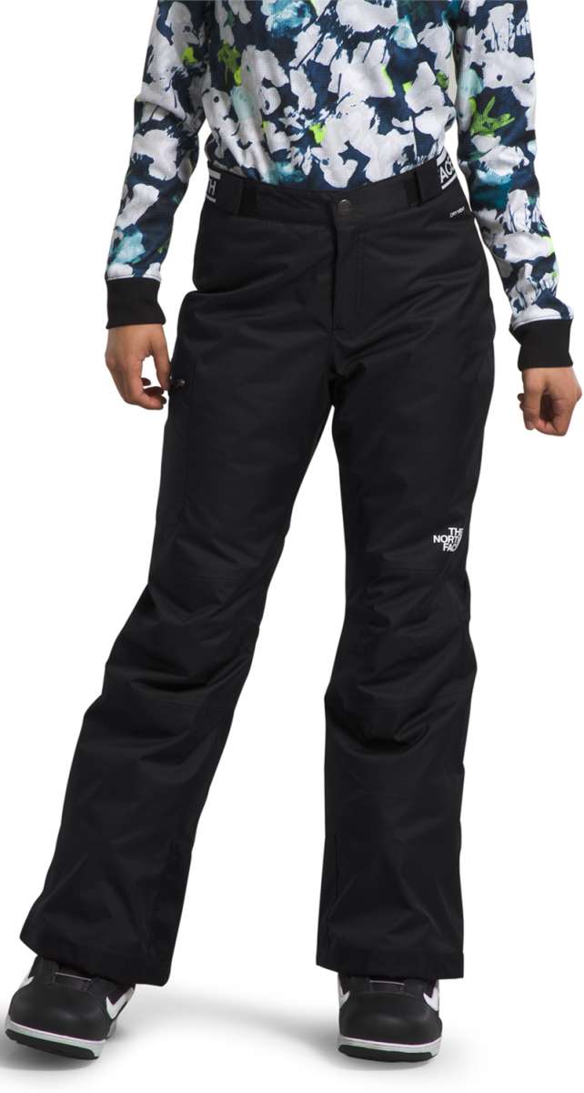 North Face Girls Freedom Insulated Pant 2024 - A pair of black insulated ski pants with a white logo on the left leg.