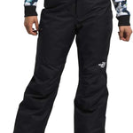 North Face Girls Freedom Insulated Pant 2024 - A pair of black insulated ski pants with a white logo on the left leg.