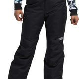 North Face Girls Freedom Insulated Pant 2024 - A pair of black insulated ski pants with a white logo on the left leg.