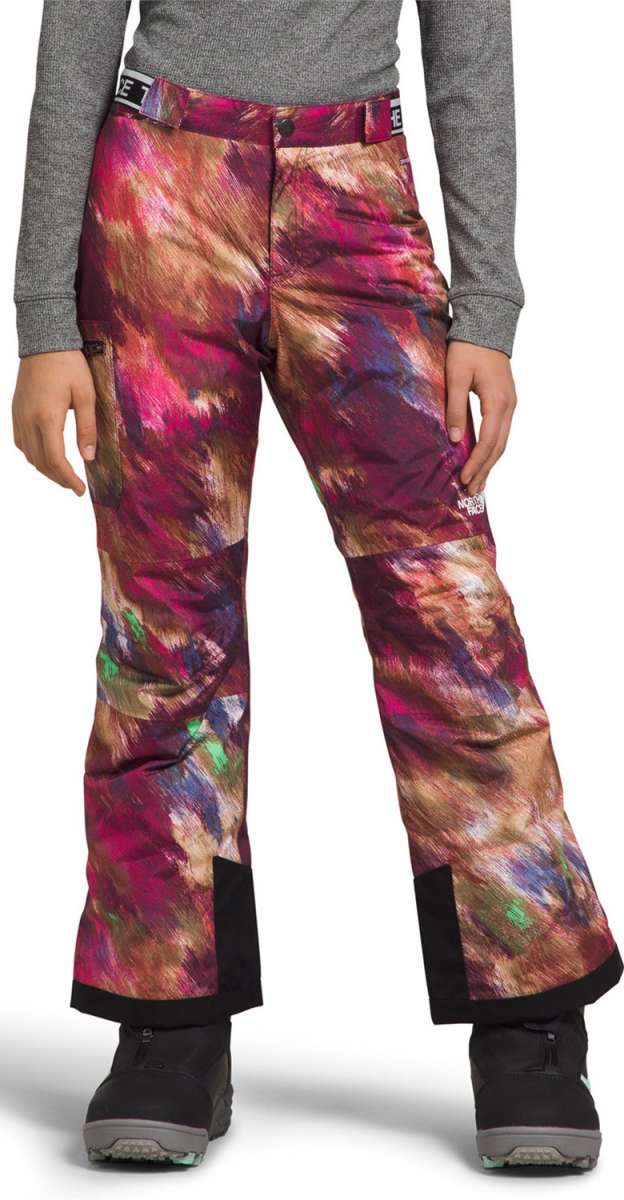 North Face Girls Freedom Insulated Pant 2024 - A pair of insulated ski pants with a colorful abstract pattern in shades of pink, purple, and brown.