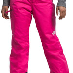 North Face Girls Freedom Insulated Pant 2024 - A pair of bright pink snow pants with a white logo on the left thigh and black trim around the cuffs.