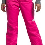 North Face Girls Freedom Insulated Pant 2024 - A pair of bright pink snow pants with a white logo on the left thigh and black trim around the cuffs.