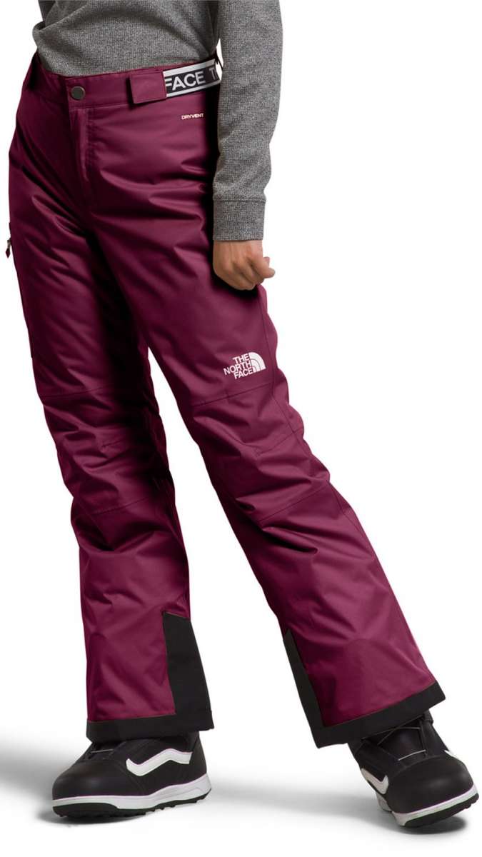 North Face Girls Freedom Insulated Pant 2024 - A pair of insulated ski pants with a white logo on the left thigh and a black waistband with "THE NORTH FACE" in white lettering.
