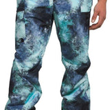 North Face Freedom Stretch Pants 2024 - A pair of blue snow pants with a black pattern and white accents, featuring a belt loop on the waistband.