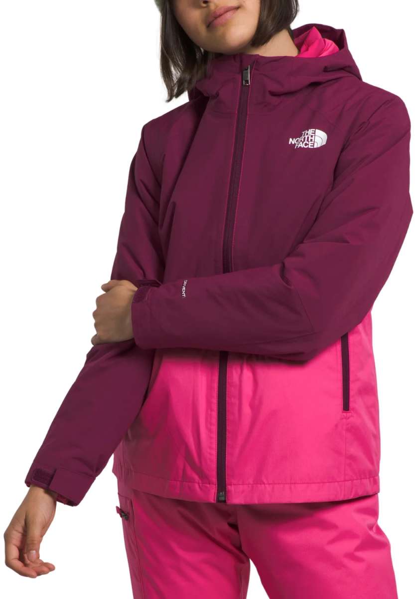 North Face Girls Freedom Triclimate Jacket - A three-in-one jacket with a pink and purple color scheme, featuring a white logo on the upper left chest area.