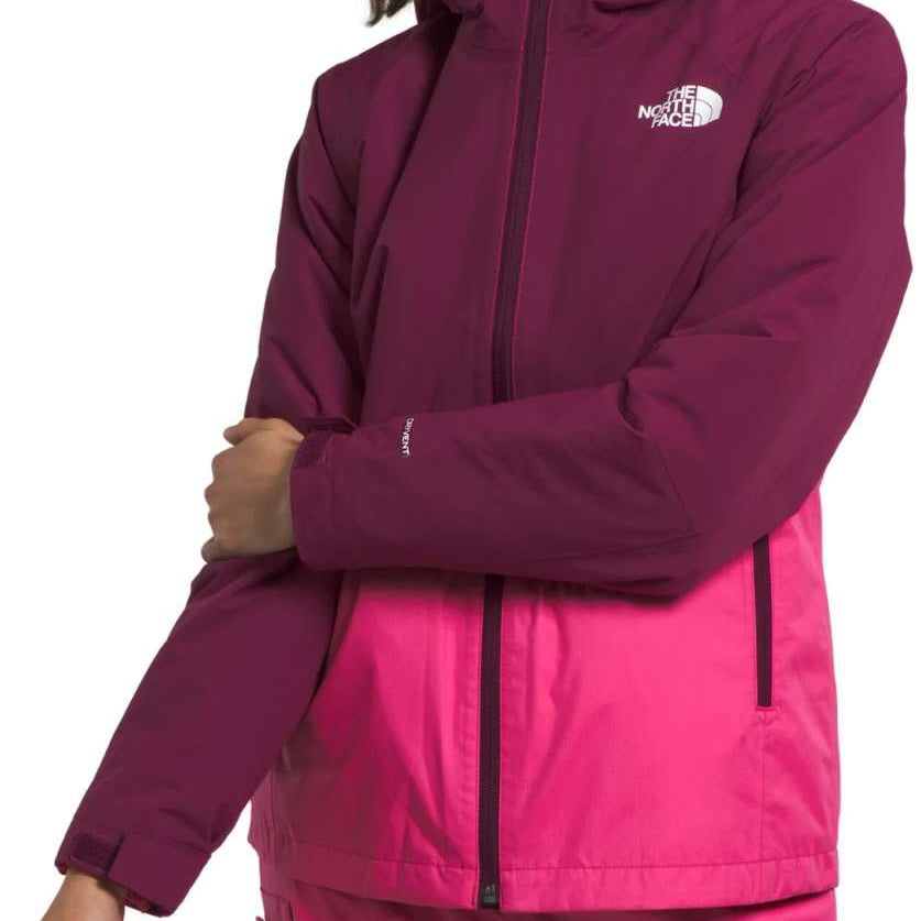 North Face Girls Freedom Triclimate Jacket - A three-in-one jacket with a pink and purple color scheme, featuring a white logo on the upper left chest area.