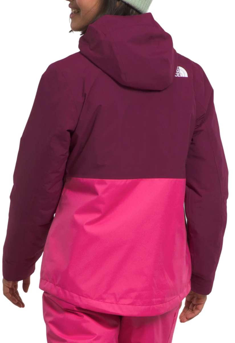 North Face Girls Freedom Triclimate Jacket 2024 - A dark-colored jacket with a white logo on the upper back and a hood.