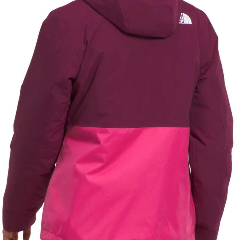 North Face Girls Freedom Triclimate Jacket 2024 - A dark-colored jacket with a white logo on the upper back and a hood.
