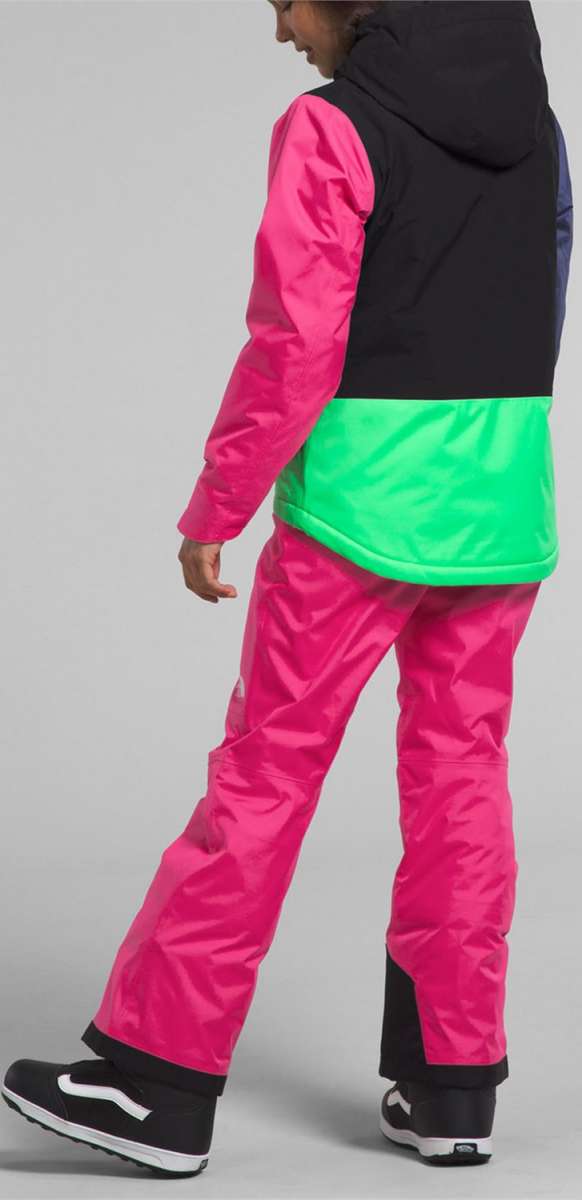 North Face Girls Freedom Insulated Jacket 2024 - A black, blue, and green jacket with a hood on a young girl.