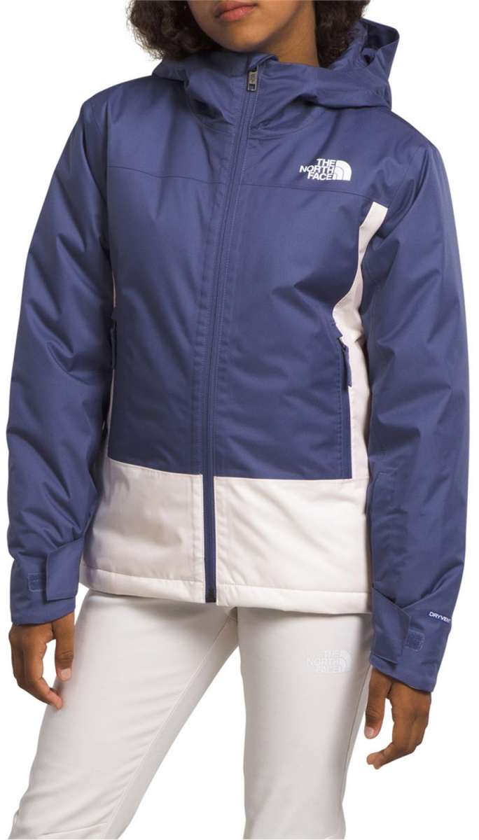 North Face Girls Freedom Insulated Jacket - A blue and white jacket with a hood, featuring The North Face logo on the left chest area.