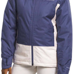 North Face Girls Freedom Insulated Jacket - A blue and white jacket with a hood, featuring The North Face logo on the left chest area.