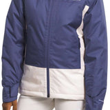 North Face Girls Freedom Insulated Jacket - A blue and white jacket with a hood, featuring The North Face logo on the left chest area.