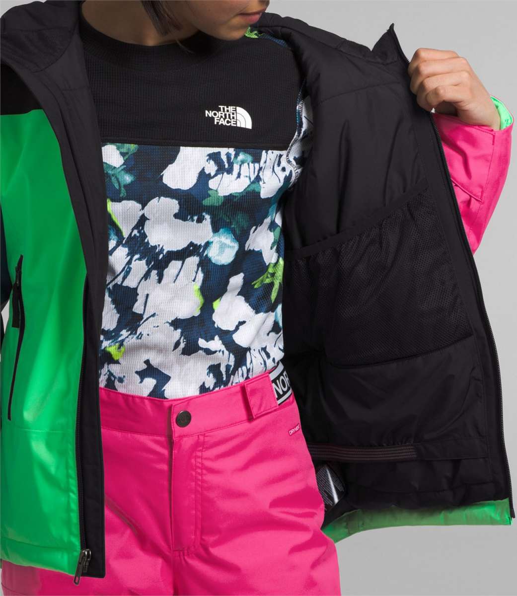 North Face Girls Freedom Insulated Jacket 2024 - A black jacket with a white logo on the chest and green accents around the hood.