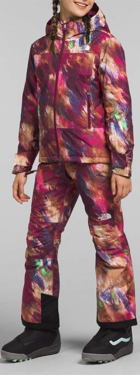 North Face Girls Freedom Insulated Jacket 2024 - A multicolored jacket with a hood, featuring a white logo on the chest and a zipper down the front.